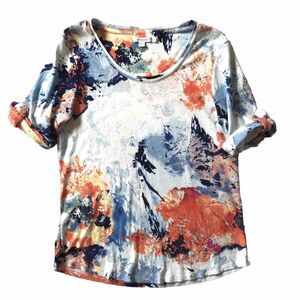 Chicos Top Womens 1 Medium White Abstract Stretch S/S Cuff Artsy Pullover EUC!